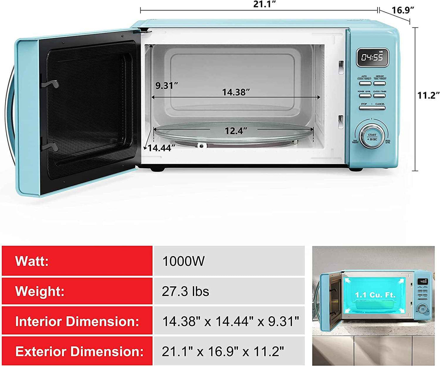 Galanz GLCMKZ11BER10 Retro Countertop Microwave Oven with Auto Cook & Reheat, Defrost, Quick Start Functions, Easy Clean with Glass Turntable, Pull Handle, 1.1 cu ft, Blue