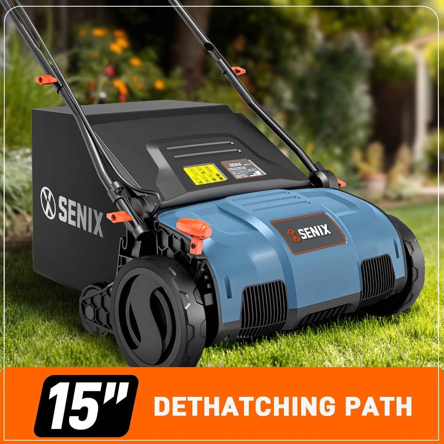 SENIX Corded Dethatcher/Scarifier 2 in 1, 15" 13Amp, 5-Position Adjustment with Collection Bag, SCE13-M