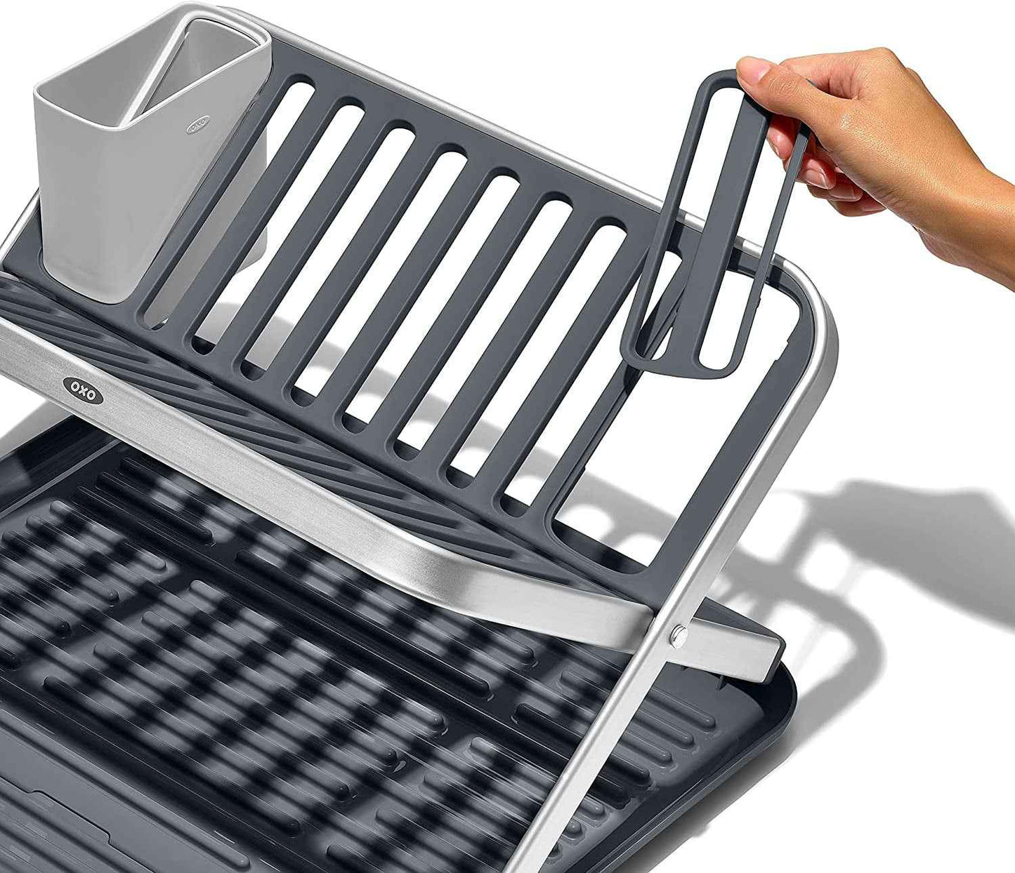 OXO Good Grips Aluminum Fold Flat Dish Drying Rack, 2-Tier, with Drainboard, for Kitchen Counter, Collapsible