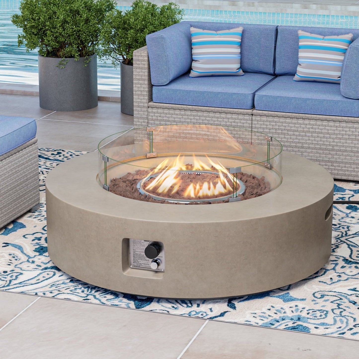 COSIEST Outdoor 40.5 inch Round Grey Propane Fire Pit Coffee Table w Wind Guard (Tank Outside) - Home OXO