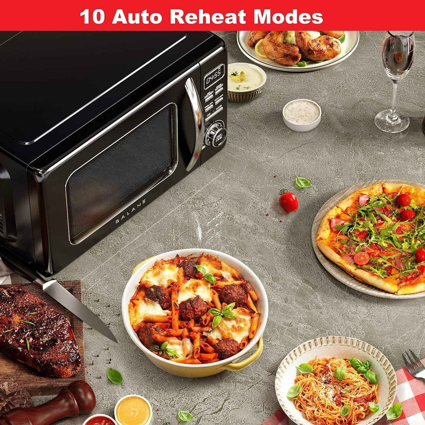 Galanz Retro Countertop Microwave Oven with Auto Cook & Reheat, Defrost, Quick Start Functions, Easy Clean with Glass Turntable, Pull Handle, .9 cu ft, Black