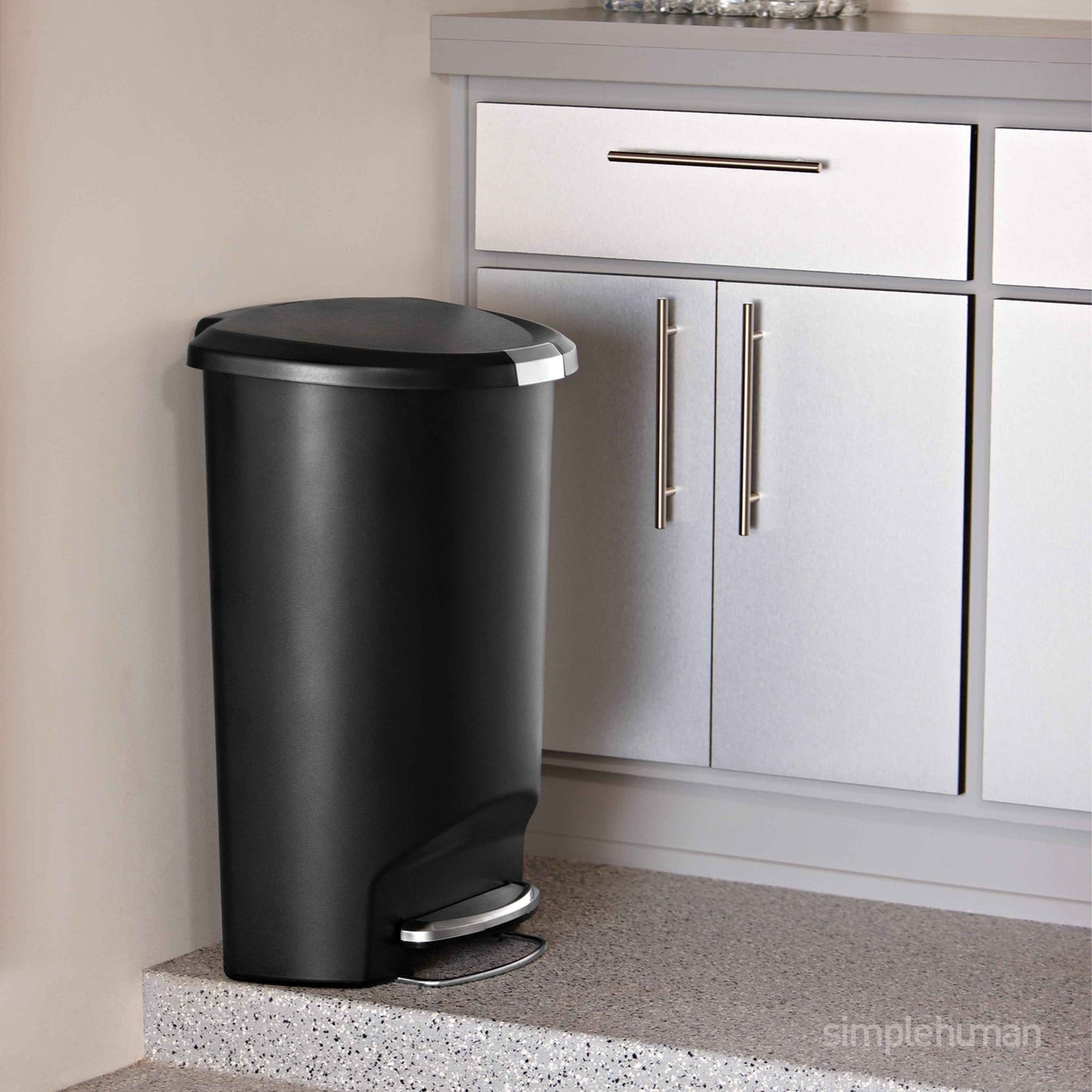 simplehuman 13 Gallon Trash Can, Black Plastic Semi-Round Step Kitchen Trash Can with Secure Slide Lock