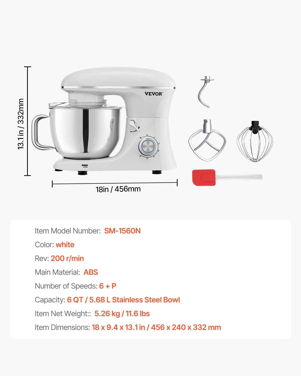 VEVOR Stand Mixer, 6 QT Dough Mixer, 660W 6 + P Speeds Tilt-head Food Mixer with Stainless Steel Bowl, Dough Hook, Wire Whip, Flat Beater, Scraper, Household Stand Mixer for Baking & Mixing, White