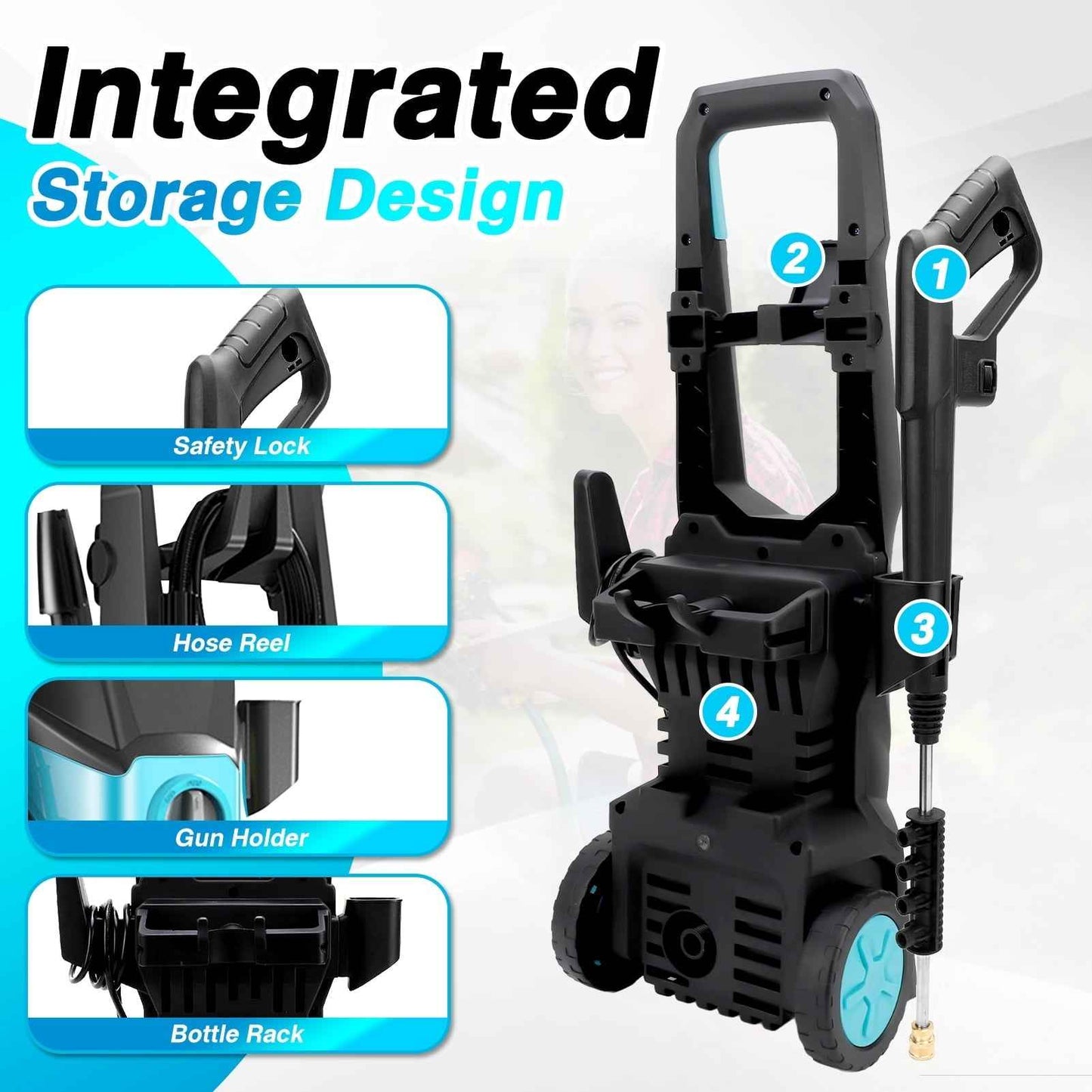 TEBRU Electric Pressure Washer, 3000PSI Max 2.4 GPM Power Washer with 32 ft Hose, 4 Quick Connect Nozzles, Foam Cannon, Suitable for Clean Cars, Patios, Driveways, Fences, Pool