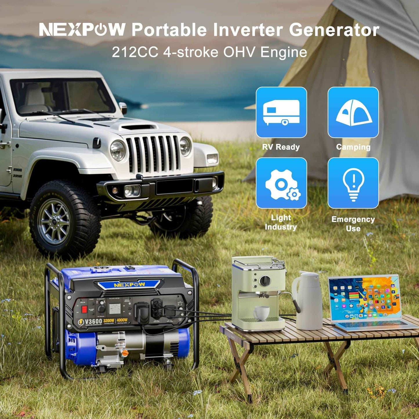 NEXPOW 4000W Portable Generator, Gasoline Powered RV Ready Generator for Backup Home & Outdoor Camping, EPA Compliant, 9H Full Load Runtime, Open Frame