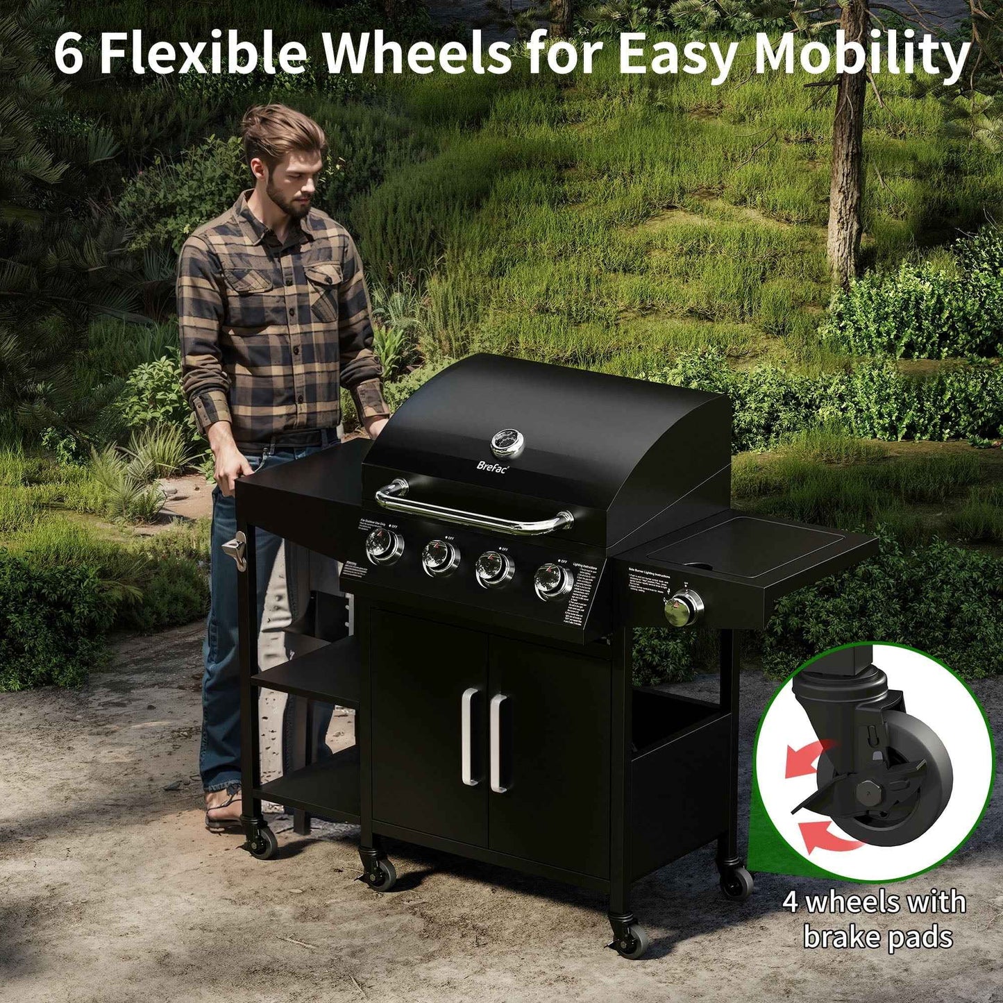 Brefac 4 Burner Propane Gas Grill with 3 Tier Shelf, 50000 BTU Outdoor Cooking Stainless Steel BBQ Grills Cabinet,Can be Placed Smoke Box,Black