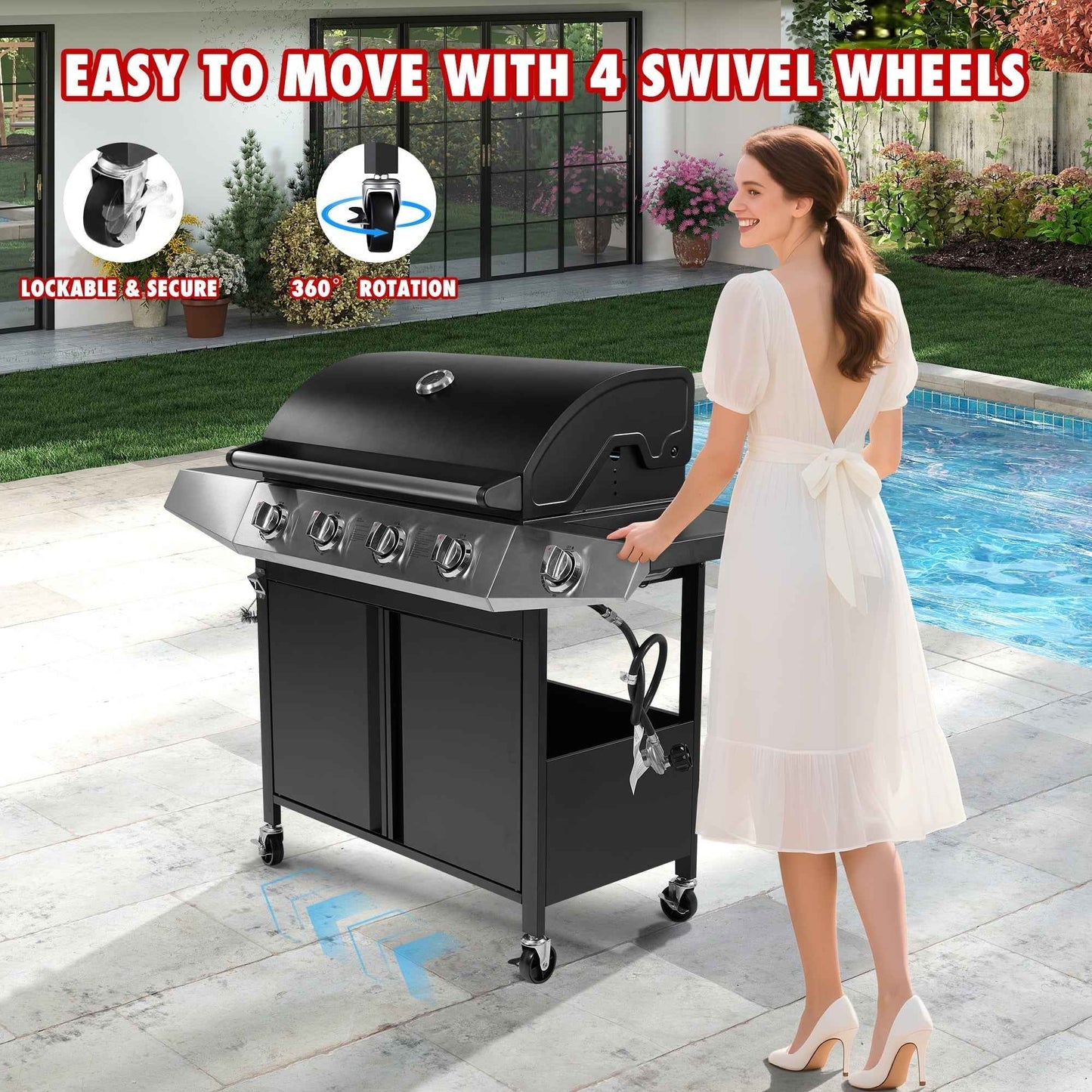 50000 BTU Gas Grills, SYNAGR Propane Grill with 566 sq.in Cooking Area, 5-Burner Stainless Steel BBQ Grill with Side Burner and Thermometer for Outdoor Party, Camping