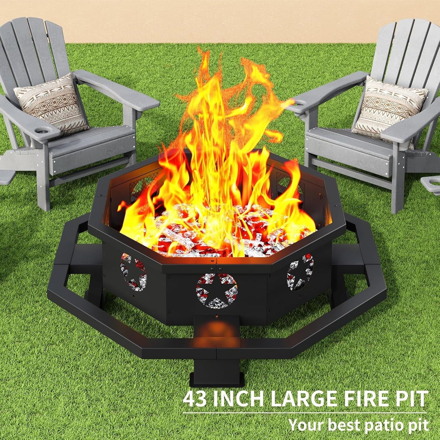 43 inch Fire Pit, Outdoor Wood Burning Fire Pit Octagonal Heavy Duty Firepit for Camping, Backyard, Patio, Black - Home OXO