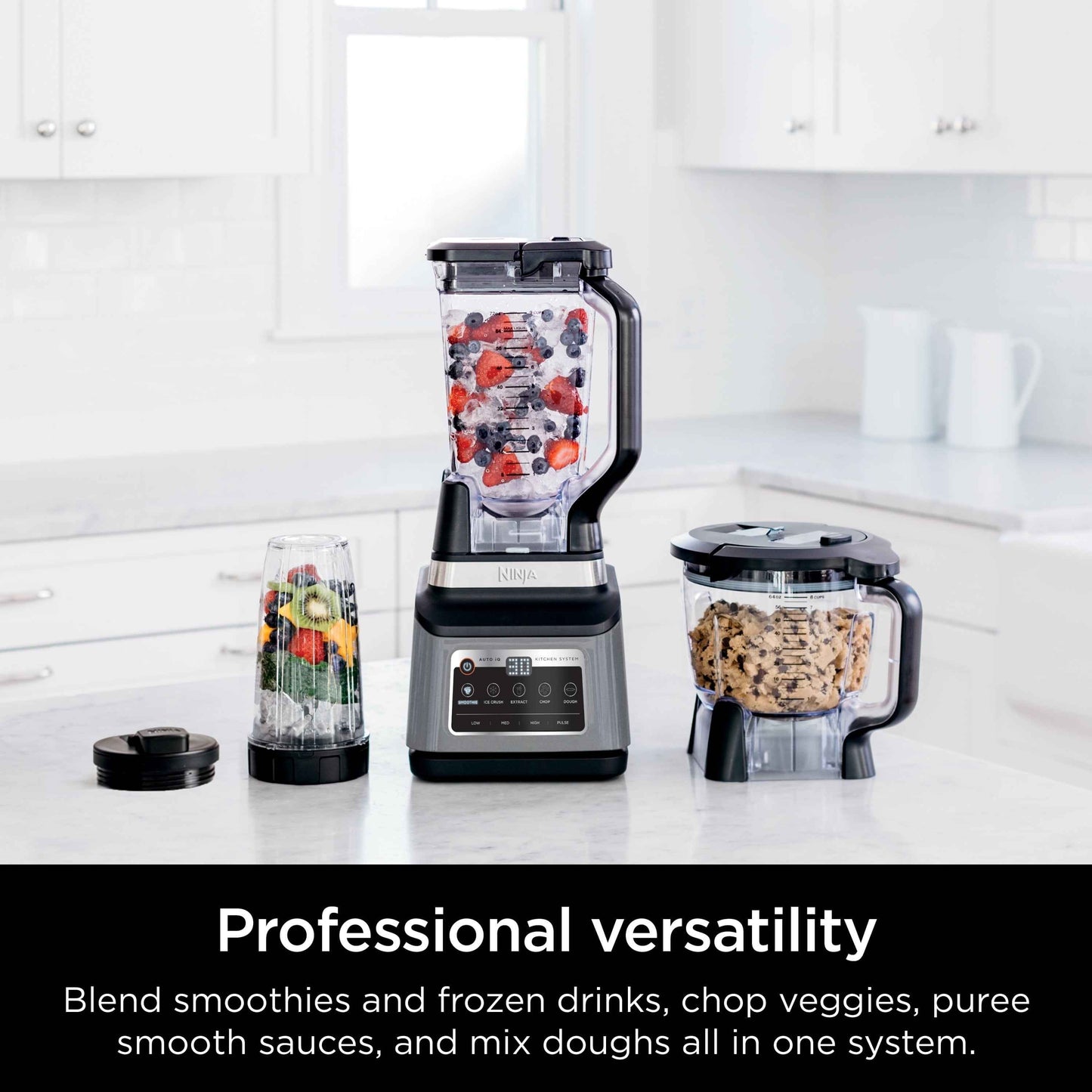 Ninja Professional Plus Kitchen System, 1400 Watts, 5 Presets for Smoothies, Chopping, Dough with Auto IQ, 72-oz.* Blender Pitcher, 64-oz. Processor Bowl, 24-oz. To-Go Cups, Black, BN800