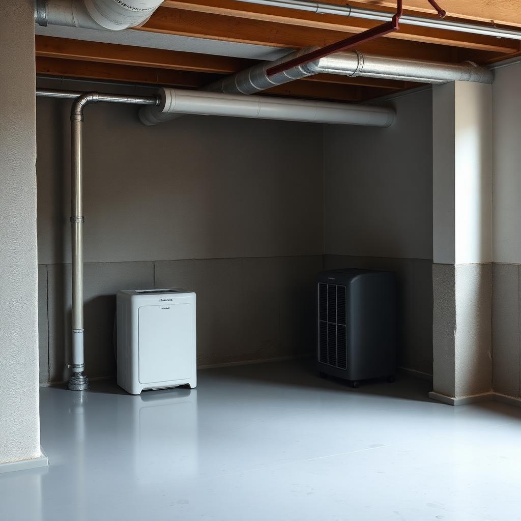 Dry basement interior with dehumidifier, sump pump and painted concrete walls with waterproof coating