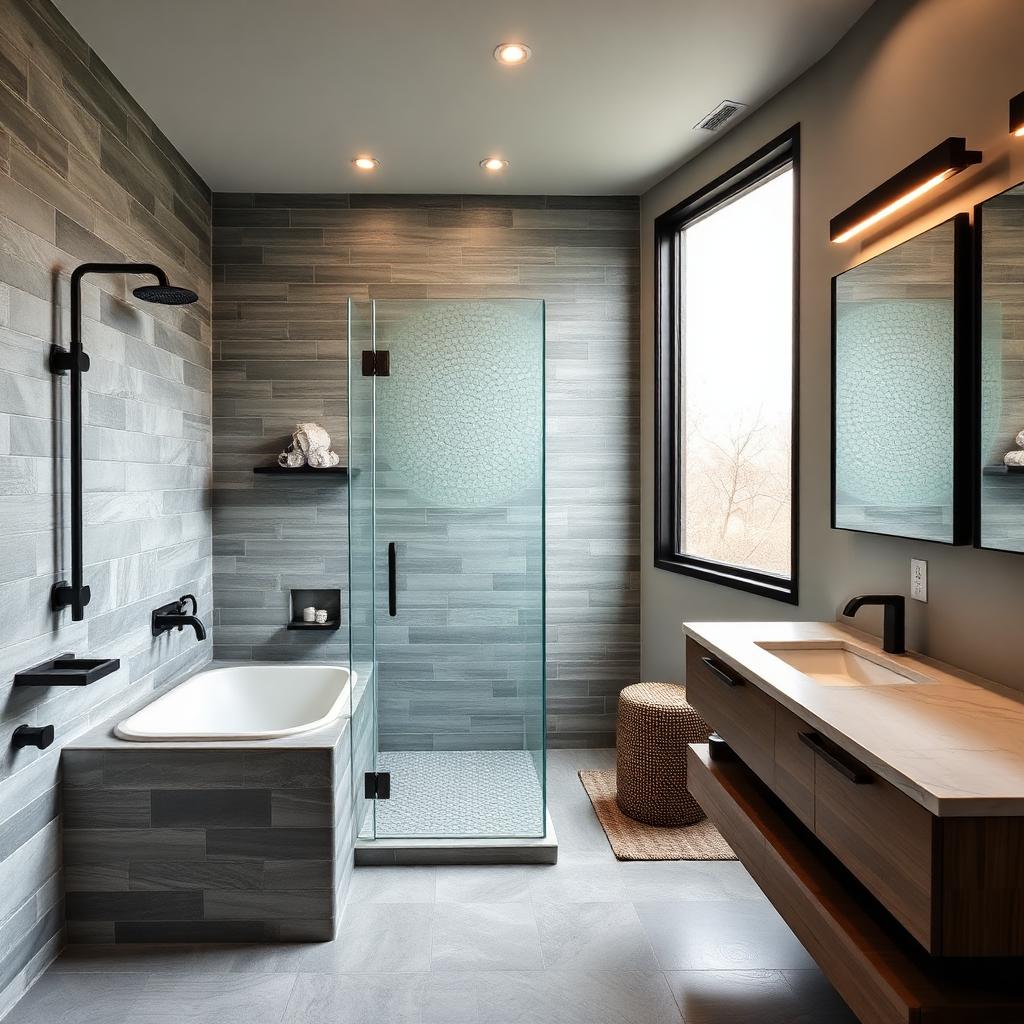 Fully renovated modern bathroom with tiled walk-in shower, floating wood vanity and matte black fixtures