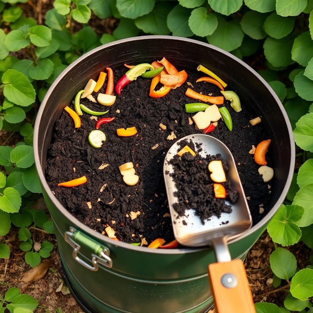 Backyard compost bin with fresh vegetable scraps on top and finished dark compost in a metal scoop