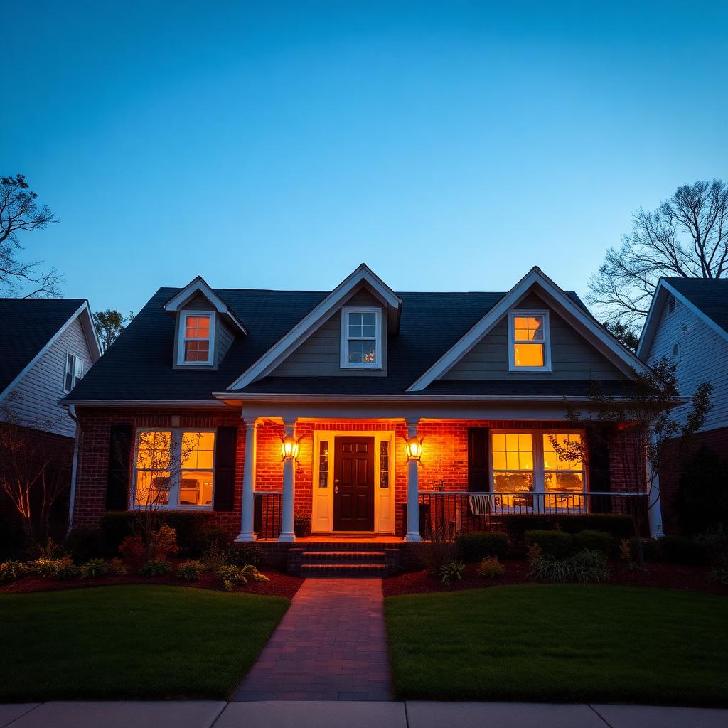 Charming suburban house exterior at dusk showing home renovation potential