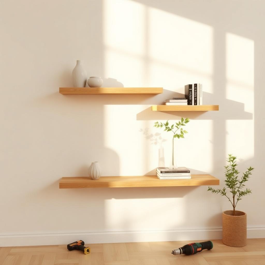Two white oak floating shelves mounted on a white wall styled with vases and books, drill and level on the wood floor below