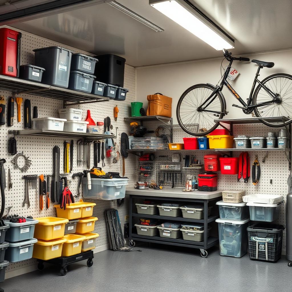 Well-organized garage with pegboard tool wall, labeled bins on metal shelving, bicycle hanging from ceiling hooks and epoxy floor