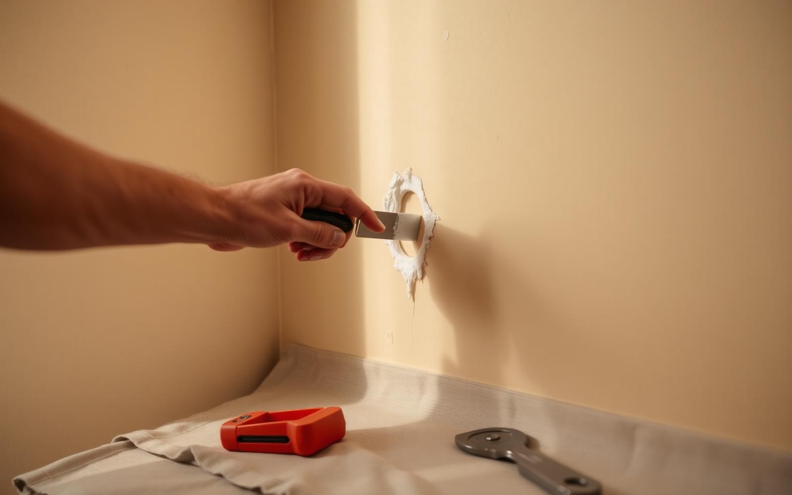 Hands smoothing spackle over a small drywall hole with a putty knife, tools laid on a drop cloth
