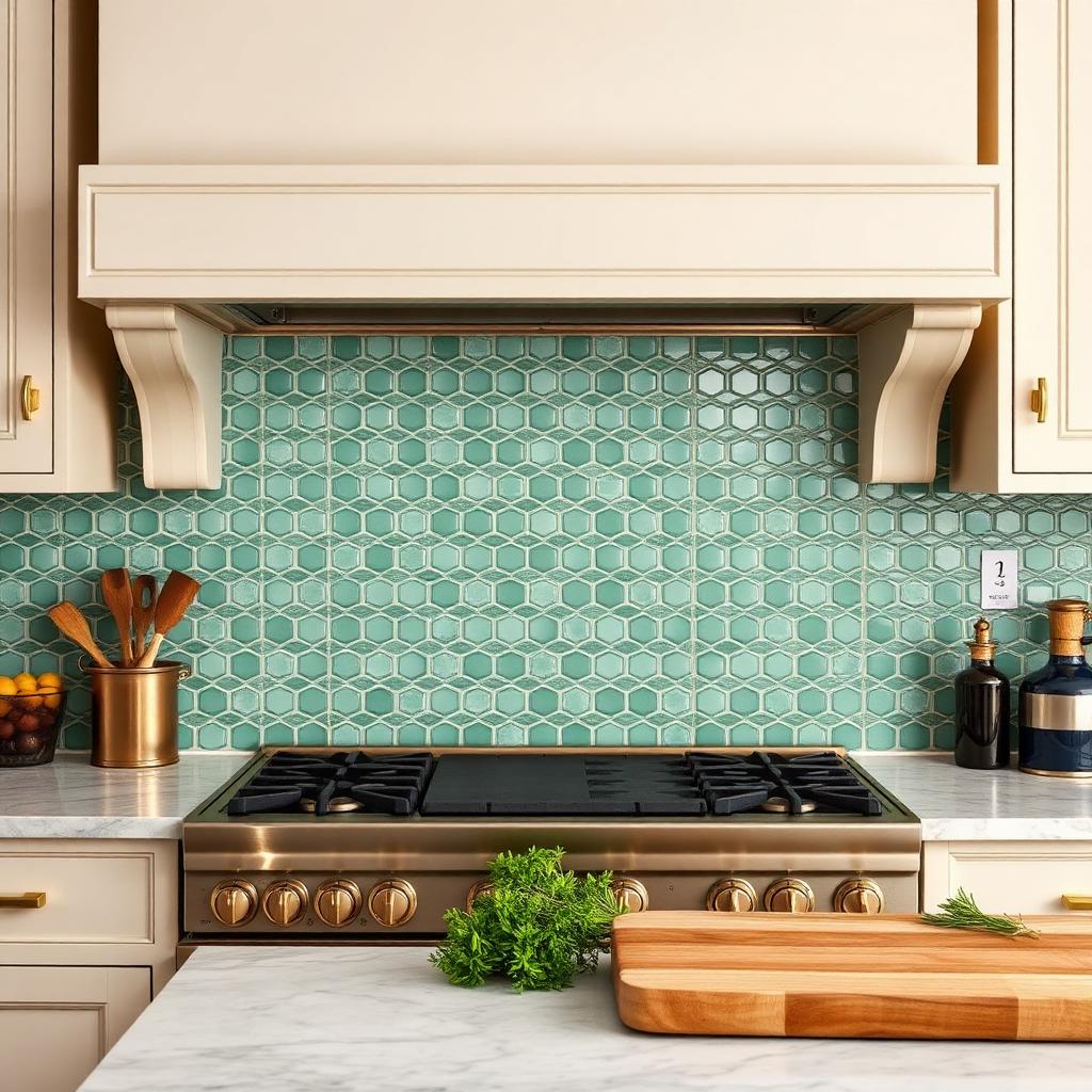 Kitchen with soft green handmade zellige tile backsplash behind a stainless range with brass hardware and marble counter