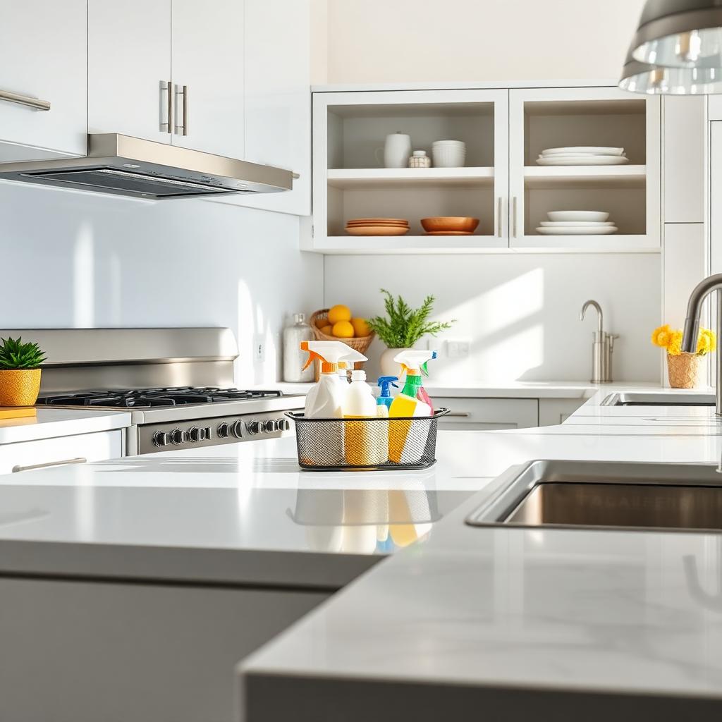 Bright modern kitchen after deep cleaning with cleaning supplies in a caddy on the marble counter
