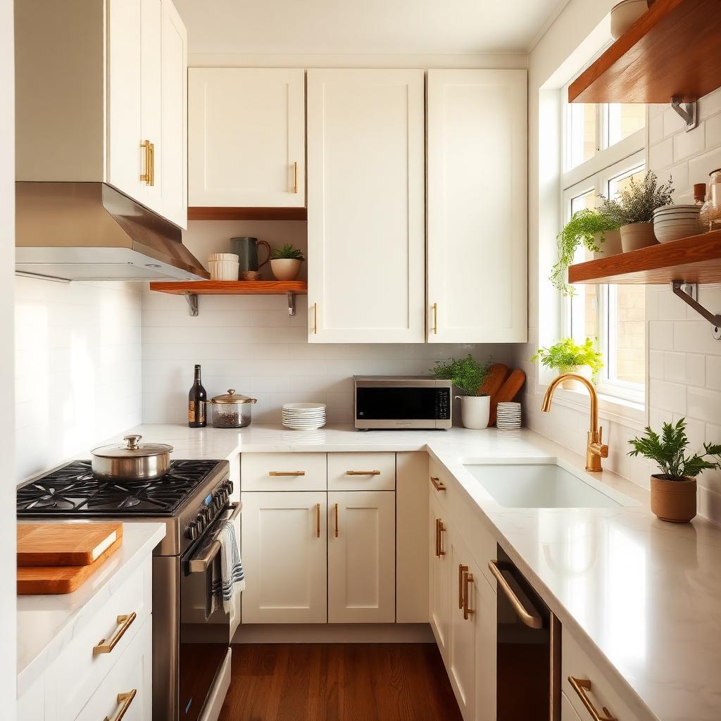 Organized modern small kitchen with white cabinets and warm wood shelves