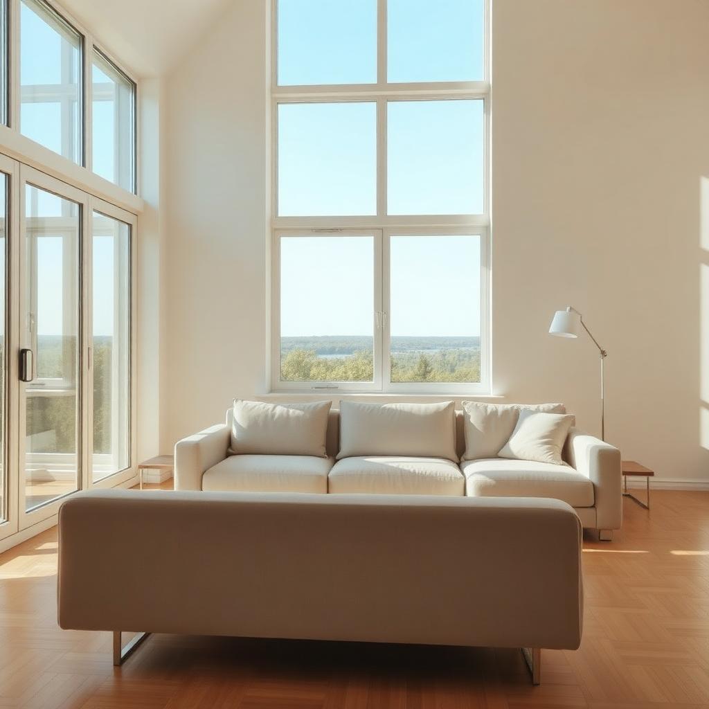 Bright modern minimalist small living room with linen sofa and large windows