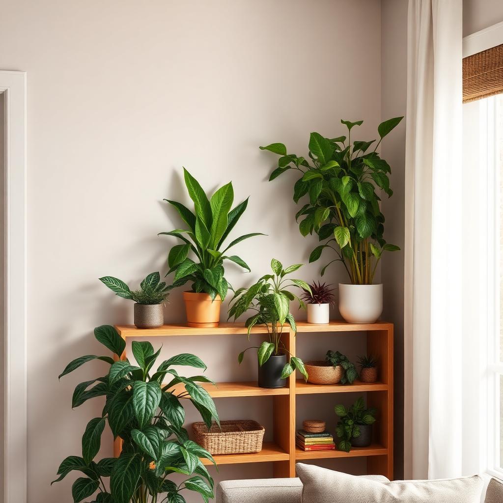 Bright modern living room corner with snake plant, pothos and ZZ plant on wooden shelves near a curtained window