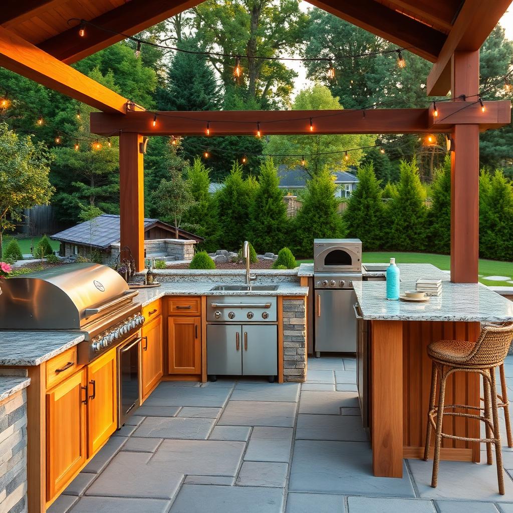 Covered outdoor kitchen at golden hour with built-in grill, pizza oven, granite counters and cedar cabinetry under a pergola with string lights