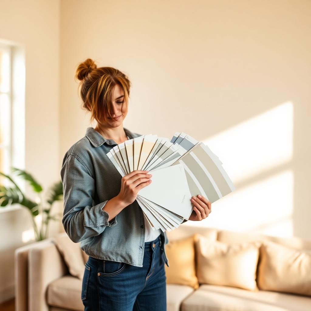 Interior designer holding a fan of paint swatches against a warm off-white living room wall