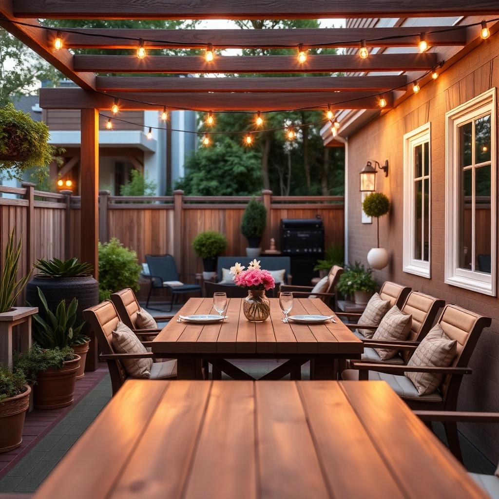 Outdoor patio with wooden dining table, string lights and cushioned chairs at dusk