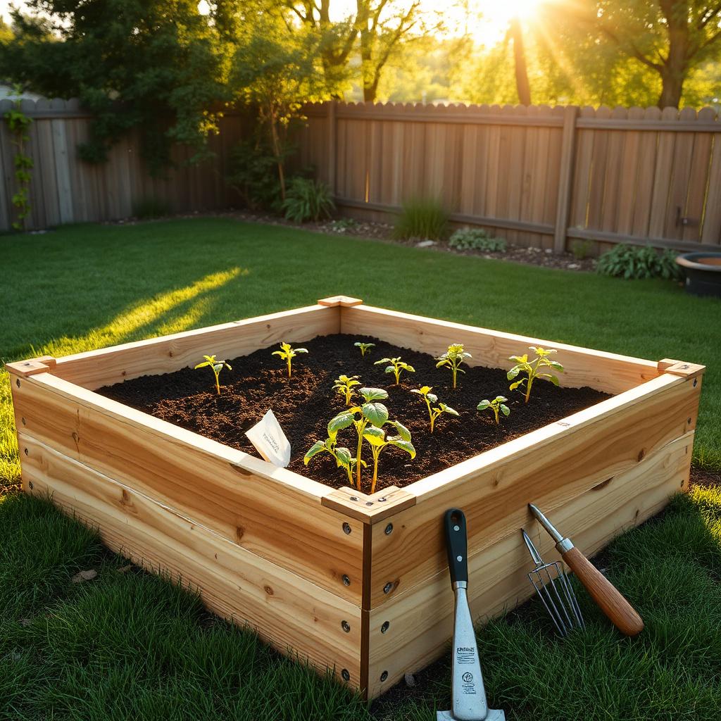 Newly built cedar raised garden bed in a sunny backyard planted with young vegetable seedlings and gardening tools resting on grass
