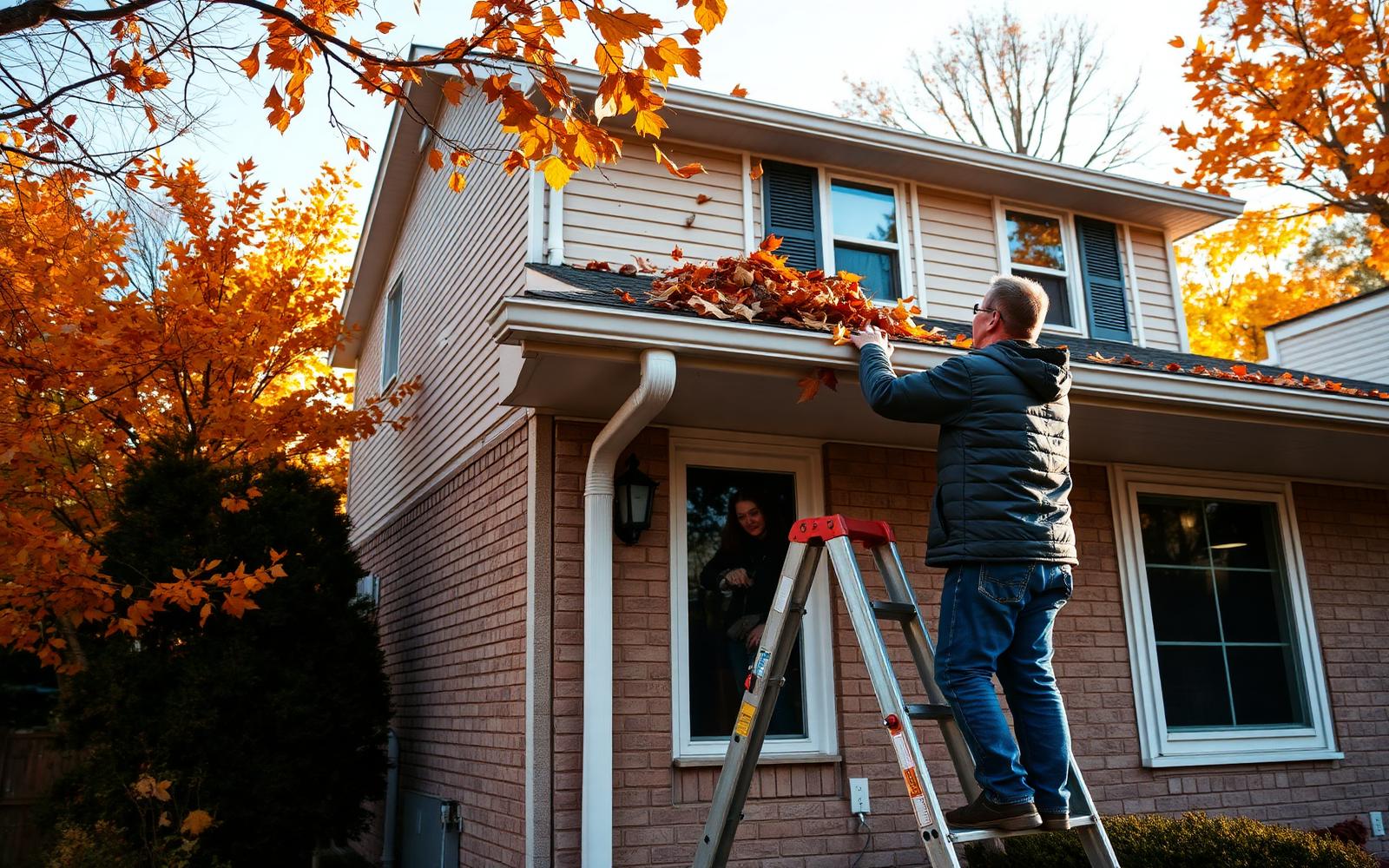 Homeowner on a small ladder clearing autumn leaves from the gutter of a suburban house