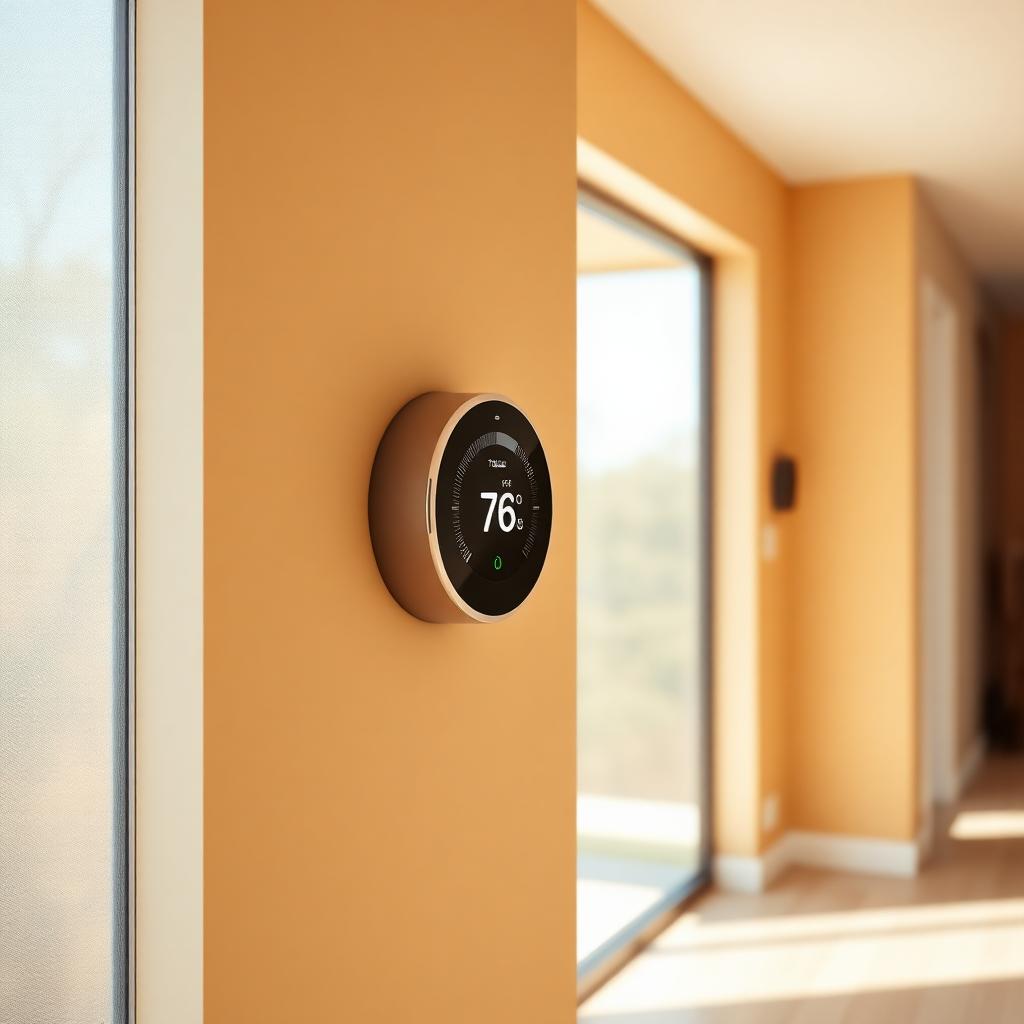Modern round smart thermostat mounted on a warm beige hallway wall with sunlight streaming through a nearby window