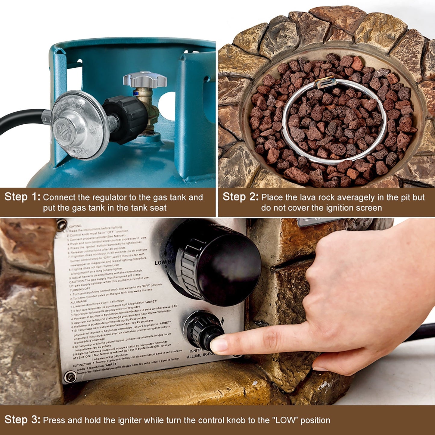 Costway 28'' Propane Gas Fire Pit Outdoor 40,000 BTU Stone Finish Lava Rocks Cover Brown - Home OXO