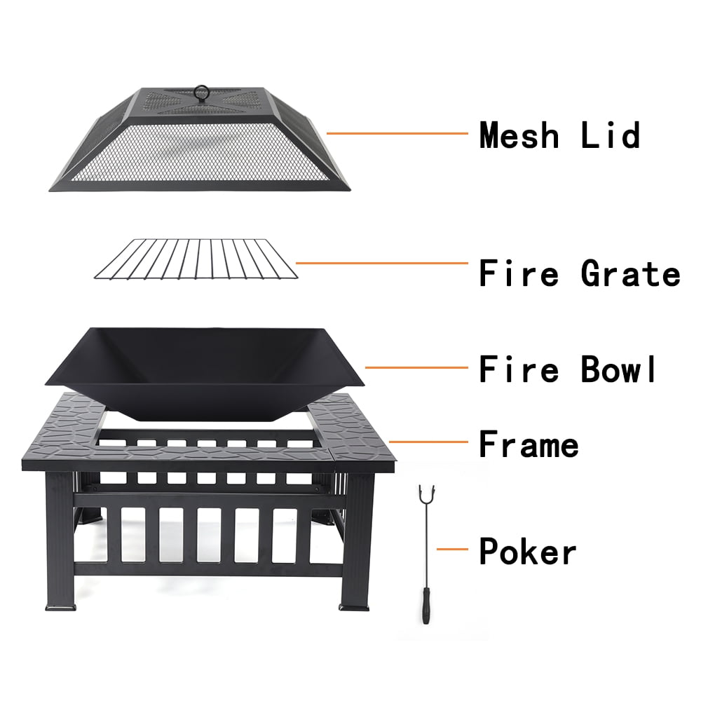 SEGMART Outdoor Fire Pit, 32" Square Metal Fire Pit Table with Spark Screen & Log Poker, Stove Wood Burning Fire Pit Bowl, Ideal for Yard Patio Beach Picnic Bonfire - Home OXO