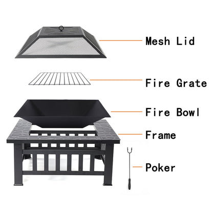 SEGMART Outdoor Fire Pit, 32" Square Metal Fire Pit Table with Spark Screen & Log Poker, Stove Wood Burning Fire Pit Bowl, Ideal for Yard Patio Beach Picnic Bonfire - Home OXO