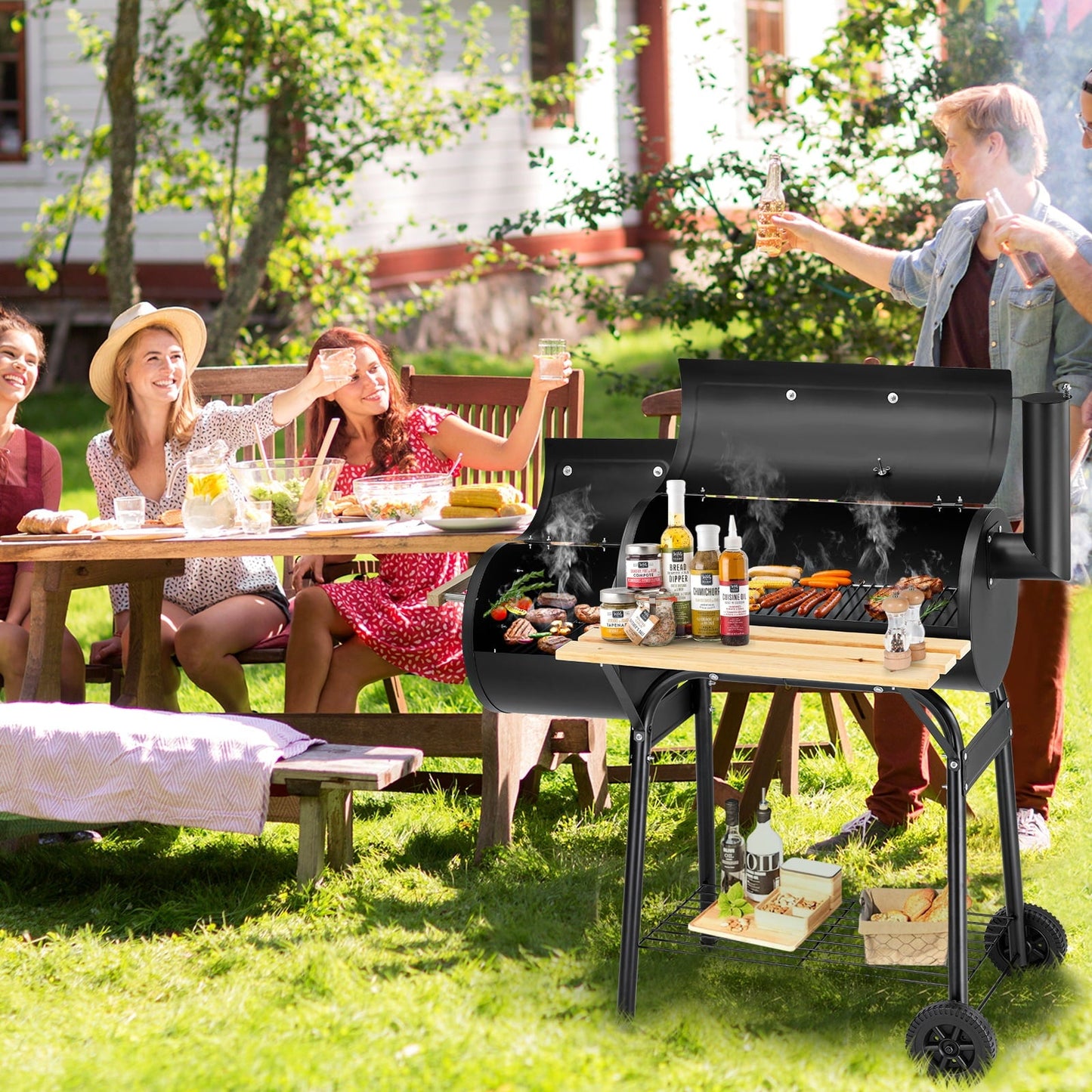 Segmart BBQ Charcoal Grill, 45.28-inch Length Portable Barbecue Grill, Offset Smoker Barbecue Oven with Wheels & Thermometer for Outdoor Picnic Camping Patio Backyard - Home OXO