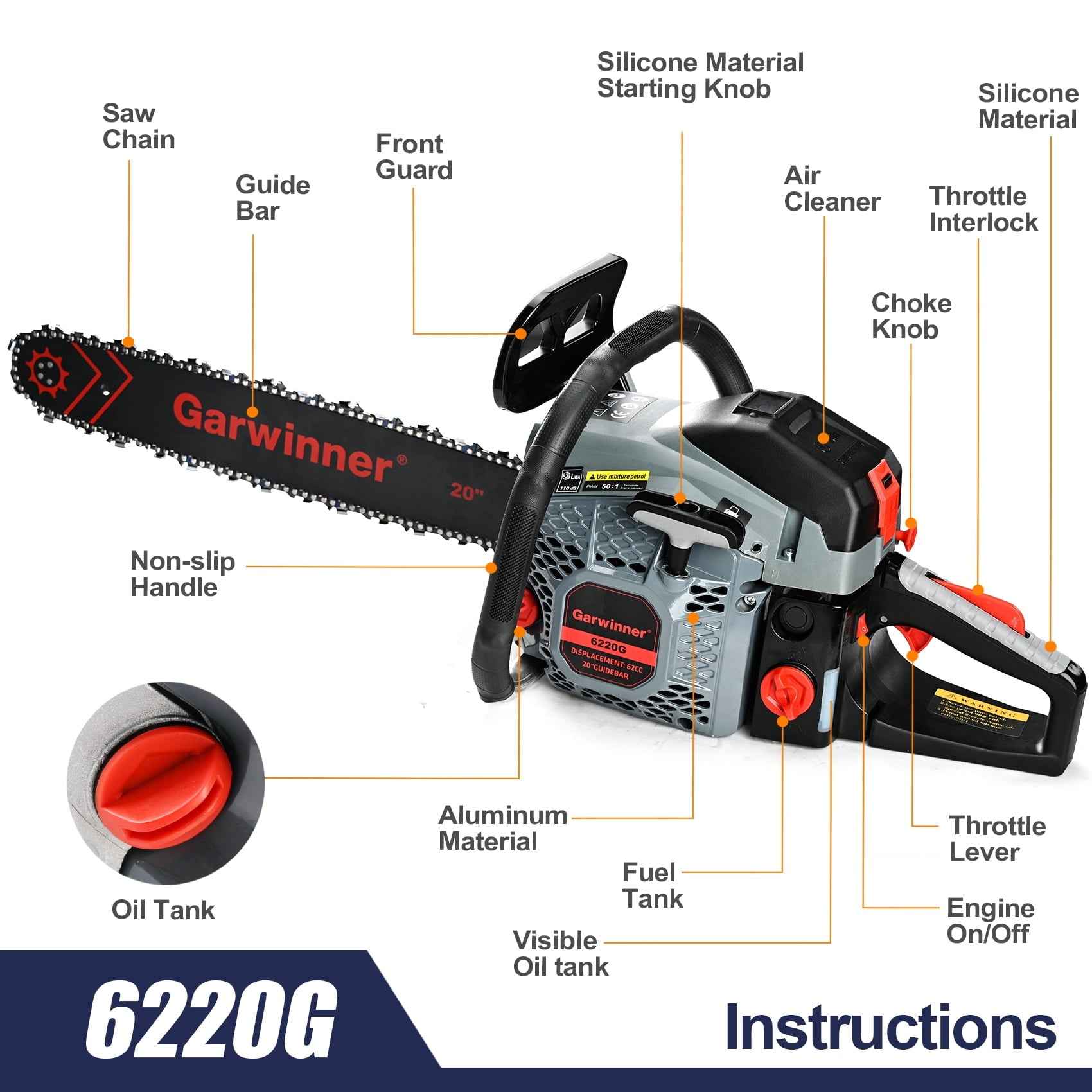 Garwinner Gas Chainsaw 20 inch 6220G 62CC 2-Stroke Cordless Chain Saw for Farm/Garden/Ranch/Wood