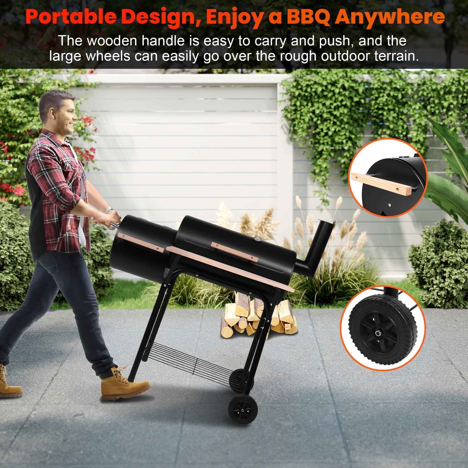 Seizeen Charcoal Grill w/Smoker, Outdoor BBQ Grill with Side Table, Portable Offset Smoker W/2-Zone Area