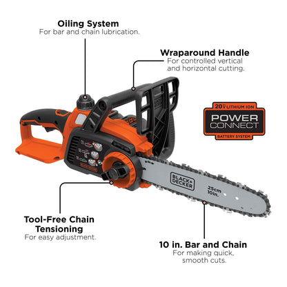 BLACK+DECKER 20V MAX Cordless Chainsaw, 10-Inch, 2Ah, Battery and Charger Included