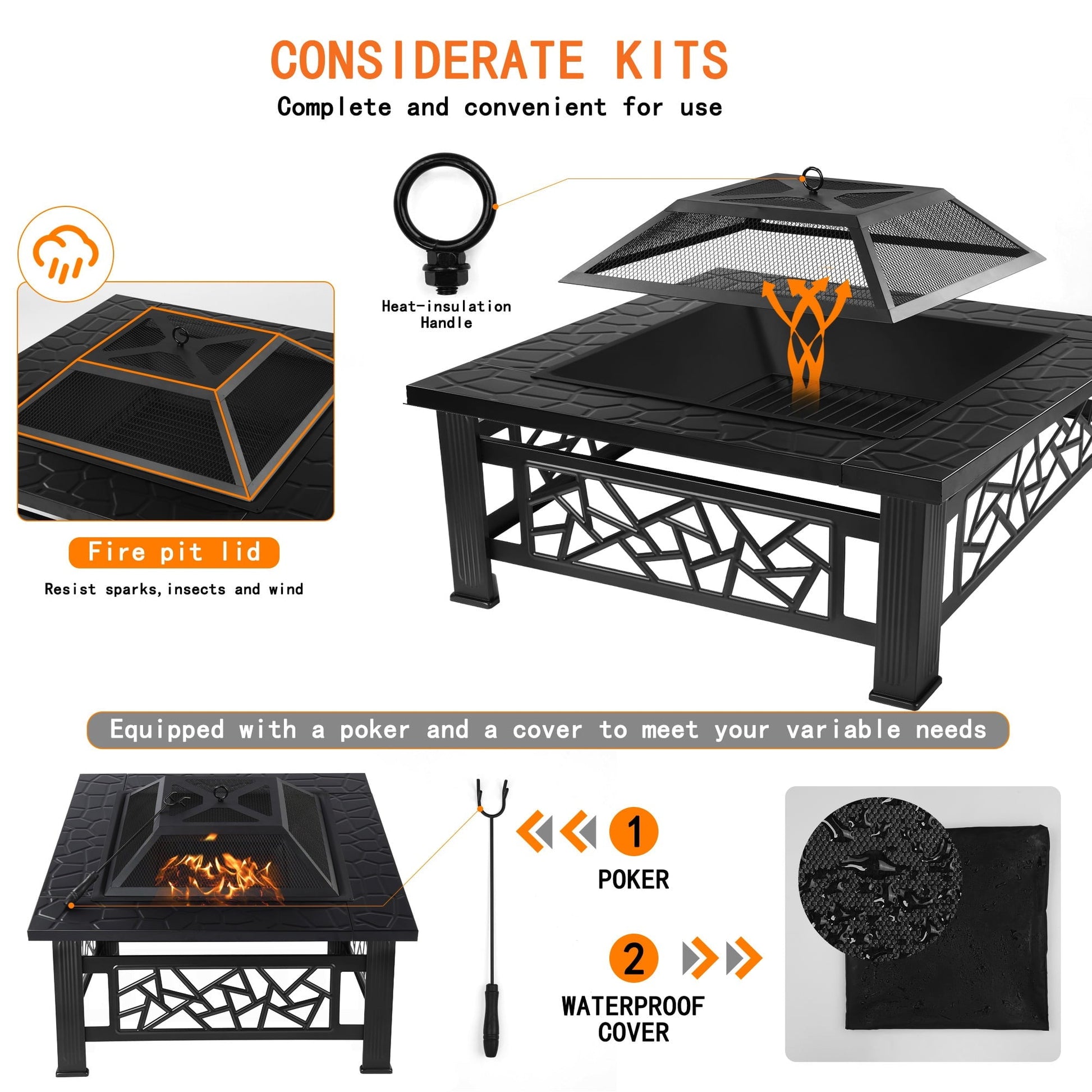 UHOMEPRO Fire Pit for Outside, 32" Square Fire Pit Table with BBQ Net, Mesh Lid, Poker and Cover, Wood Burning Outdoor Heating Fire Pit Stove for Patio, Backyard, Camping, Black - Home OXO