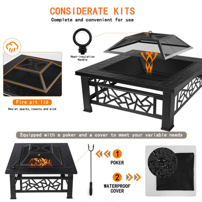 UHOMEPRO Fire Pit for Outside, 32" Square Fire Pit Table with BBQ Net, Mesh Lid, Poker and Cover, Wood Burning Outdoor Heating Fire Pit Stove for Patio, Backyard, Camping, Black - Home OXO