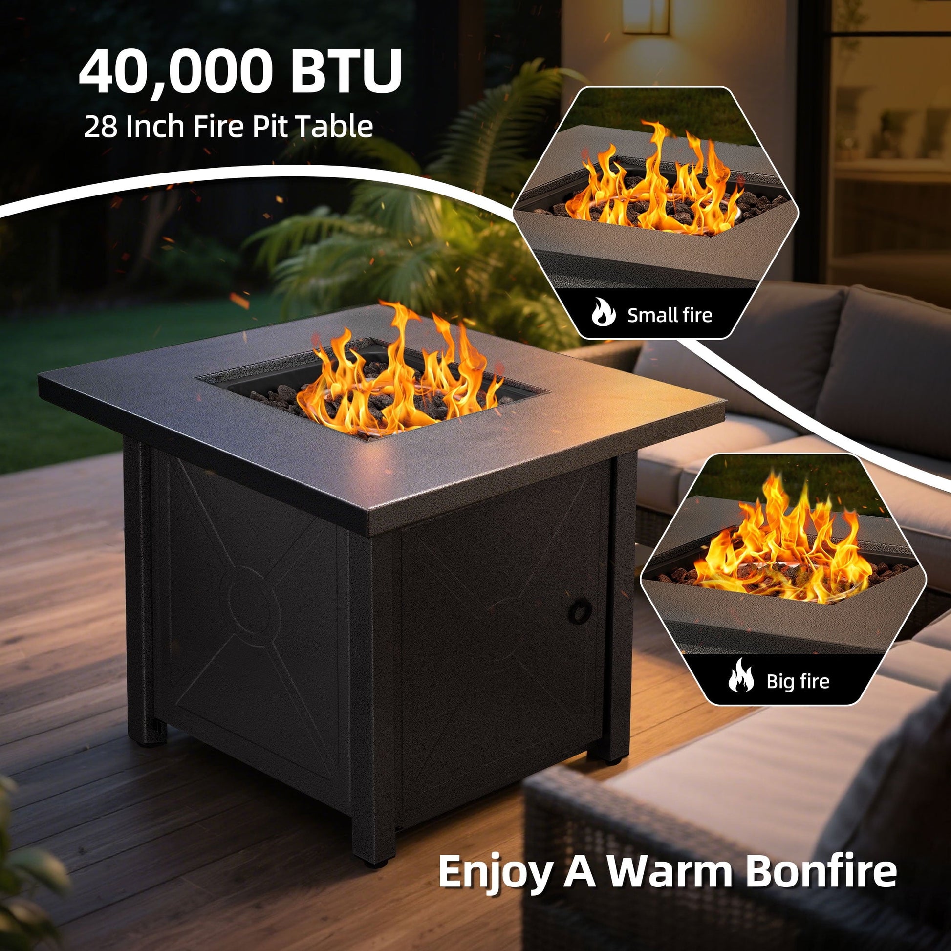 LHRIVER 28" Outdoor Propane Fire Pit Table, 40000 BTU  Steel Gas Fire Pit with Removable Lid, Lava Rocks & Rain Cover - Home OXO