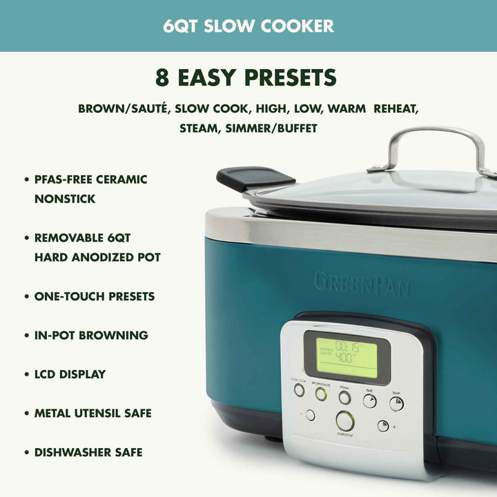 GreenPan 6 Quart, 8-in-1 Programmable Family Size Ceramic Nonstick Slow Cooker, Teal