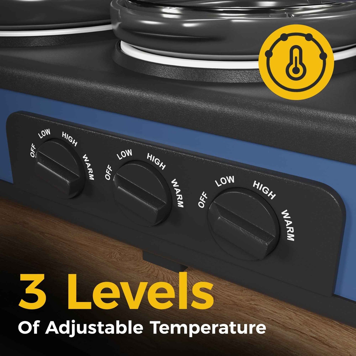 May in Color Triple Slow Cooker Food Warmer, 3 Removable Ceramic Pots (2.5 QT Each), Adjustable Temp & Stainless Steel Lids, Blue