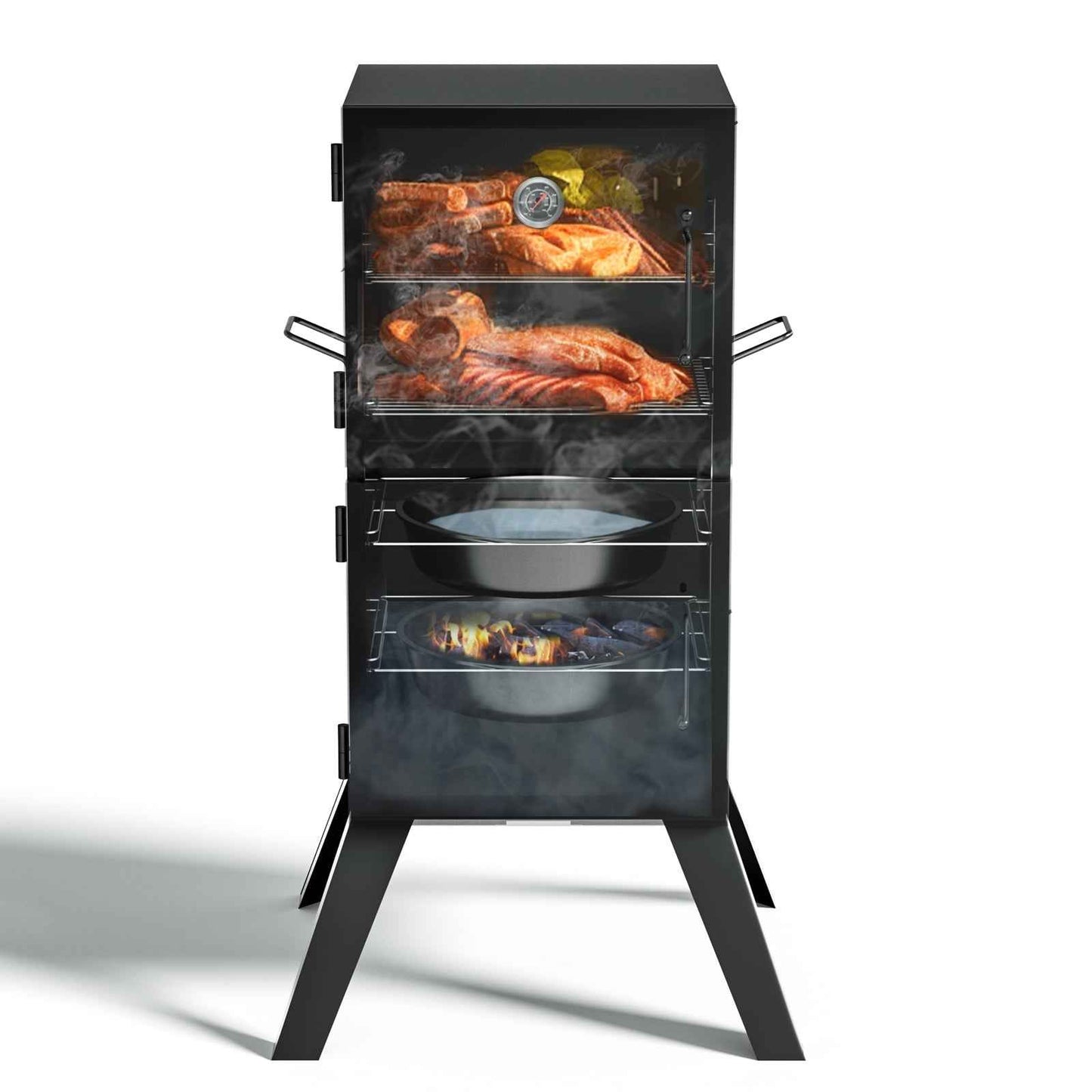 Kingchii Vertical Charcoal Smoker BBQ Grill with Built-in Thermometer, Portable Smoker for Backyard, Camping, Barbecue, and Outdoor Grilling
