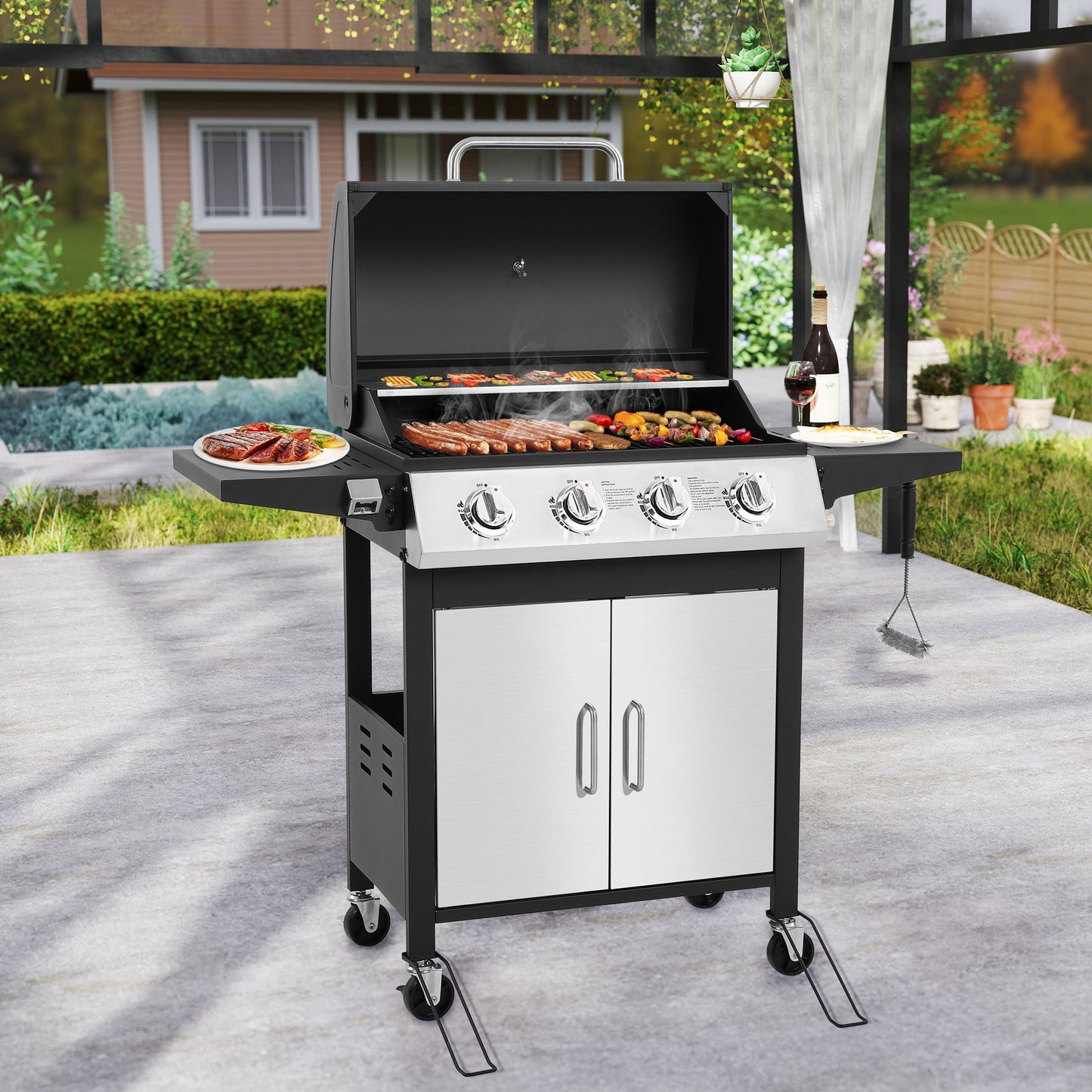 SEGMART 4 Burner BBQ Propane Gas Grill, Stainless Steel 40,000 BTU Patio Garden Barbecue Grill with Folding Side Tables, Cleaning Brush & Thermometer, Perfect for Camping, Outdoor Cooking - Home OXO