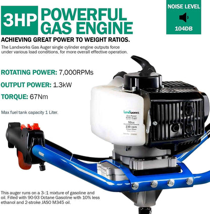 Landworks Gas Powered Earth Auger - 3HP 52CC 2 Stroke, 8" x 30" Drill Bit, 3/4" Output Shaft