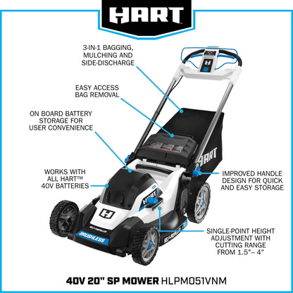 HART 40-Volt Cordless 20-inch Brushless Self Propelled Mower Kit, (1) 6.0 Ah Lithium-Ion Battery