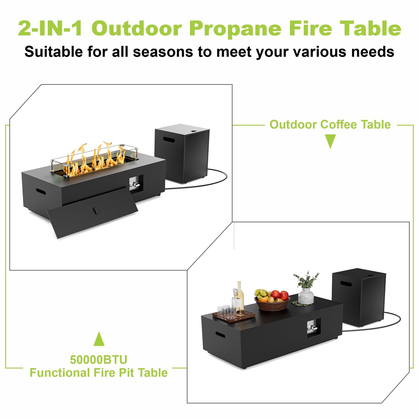 Evita 42" Propane Fire Pit Table for Outdoor 50,000 BTU Gas Fire Pits with Lid ,Glass stone,Tank Cover - Home OXO