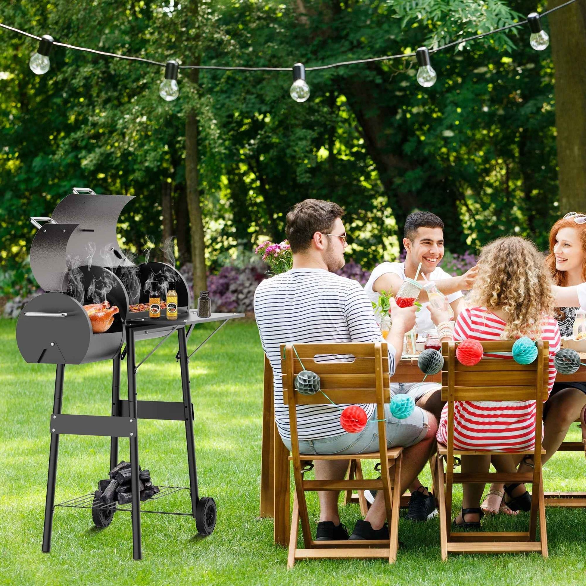 Firstness Charcoal Grill, Outdoor BBQ Grill Charcoal with Offset Smoker for Barbecue Pit Patio Backyard Camping Picnics, Black & Brown