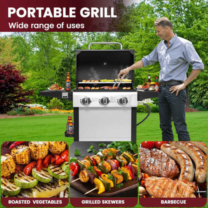 30000BTU Gas Grill, 3-Burner Grills with Built-in Thermometer & Side Table, Stainless Steel BBQ Grills for Outdoor Cooking